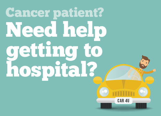 Graphic of man in an open top car asking Cancer patient? Need help getting to hospital?